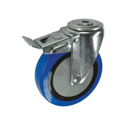 BRAKED SWIVEL BOLT HOLE 100mm BLUE RUBBER TYRE