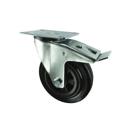 BRAKED SWIVEL PLATE 200mmRUBBER TYRE; POLY CENTRE