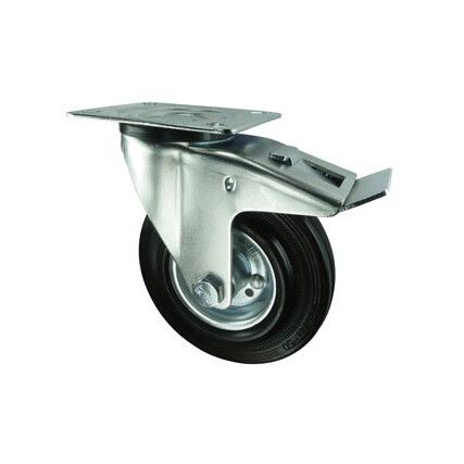 BRAKED SWIVEL PLATE 80mmRUBBER TYRE; STEEL CENTRE