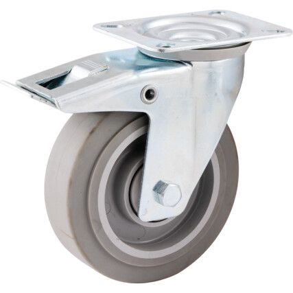 BRAKED SWIVEL PLATE 125mmGREY RUBBER TYRE