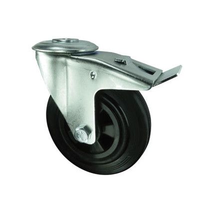 BRAKED SWIVEL BOLT HOLE100mm RUBBER TYRE POLY CTR