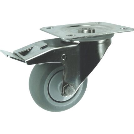 SS BRAKED SWIVEL PLATE 80mm GREYRUBBER TYRE